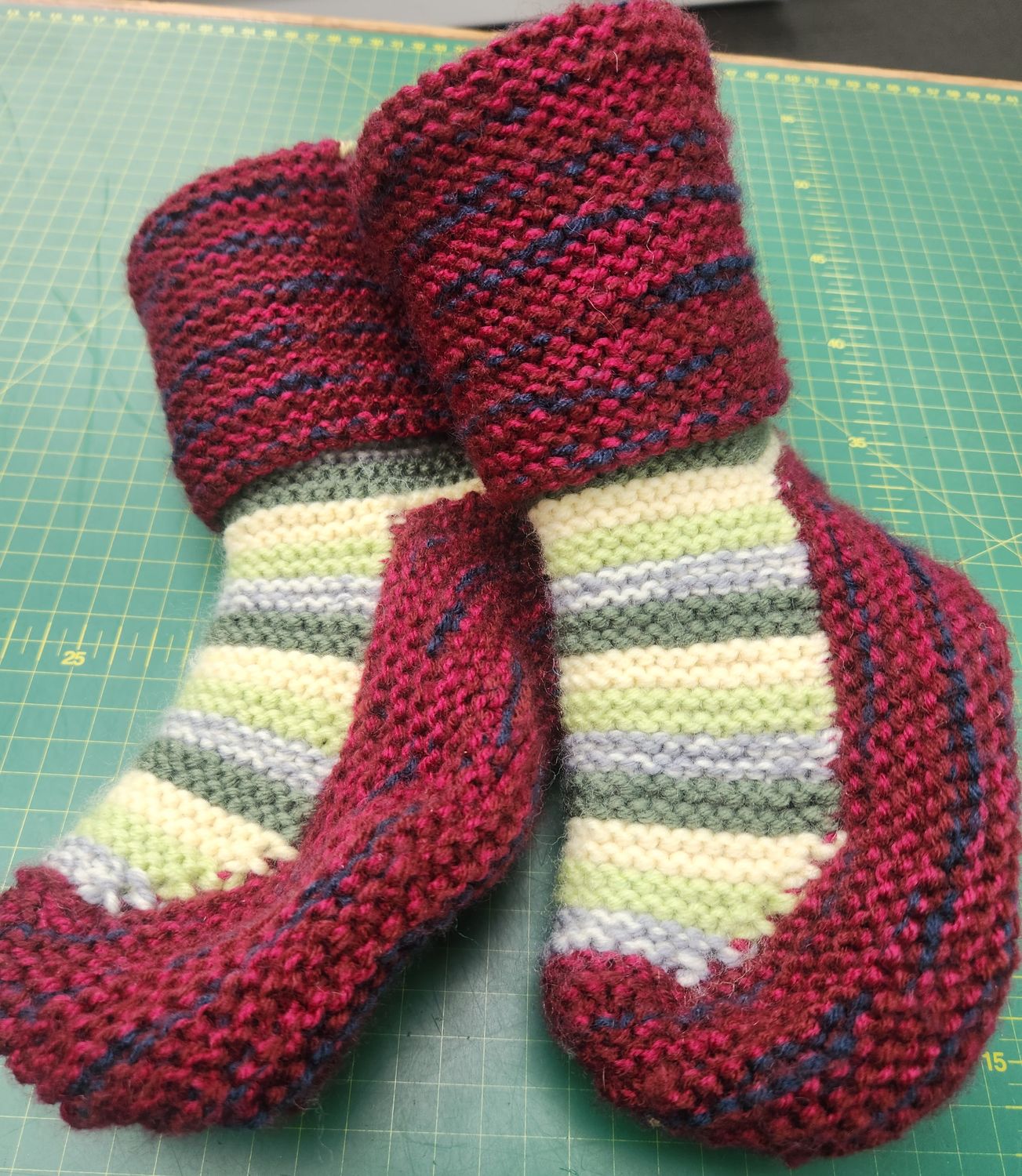 House Boots / Slipper Socks - Handmade - Medium Size - Colour Red Wine/Burgundy with Greens