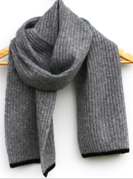 Wool Blend Ribbed Scarf with Border - Grey / Black