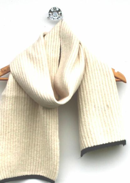 Wool Blend Ribbed Scarf with Border - Winter White / Black