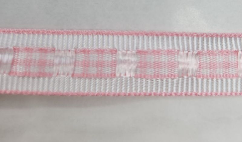 Pink Plaid Woven into White Grosgrain Ribbon with Pink Trim 12mm Width, Price per metre