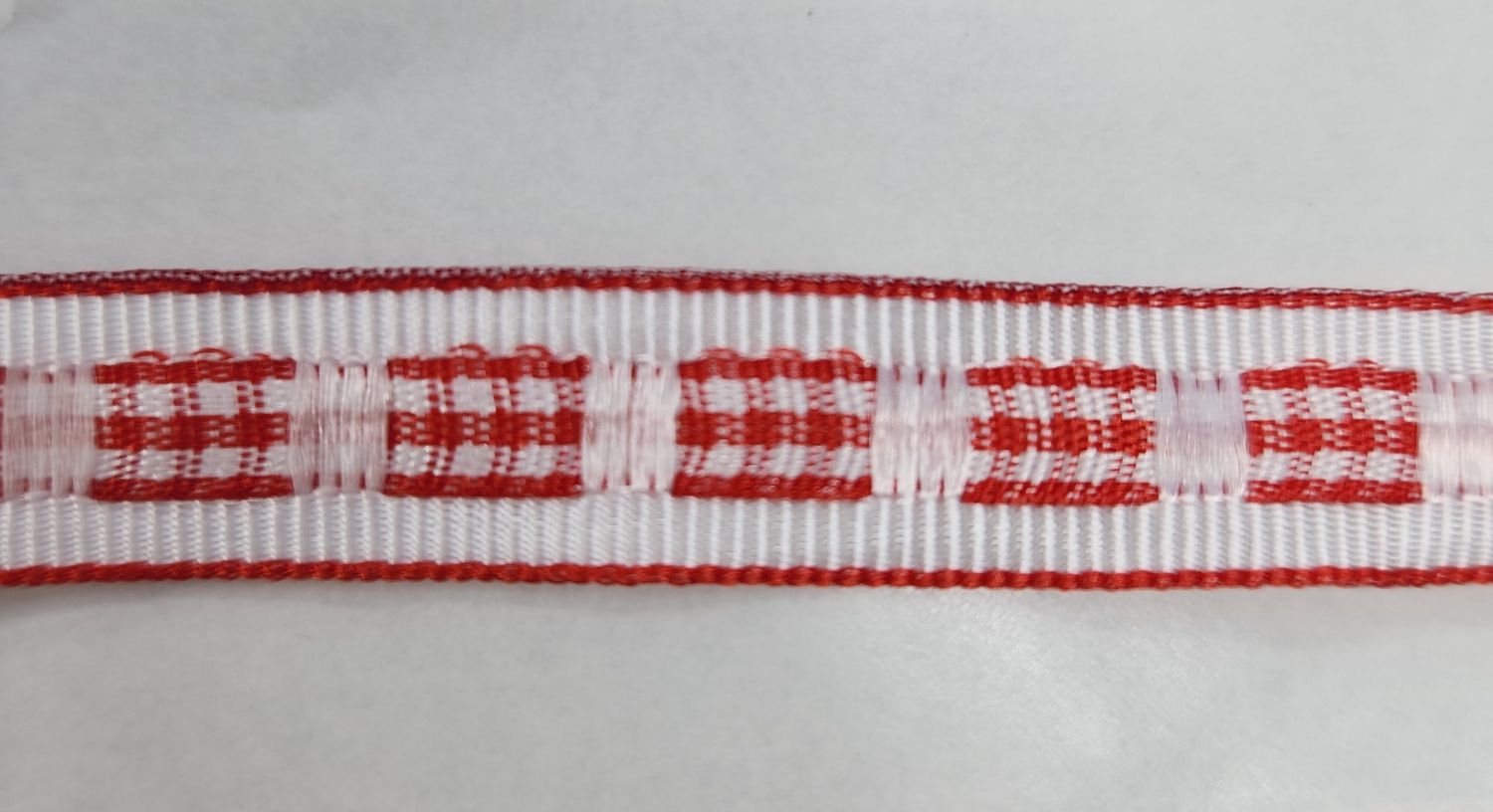 Red Plaid Woven into White Grosgrain Ribbon with Red Trim 12mm Width, Price per metre