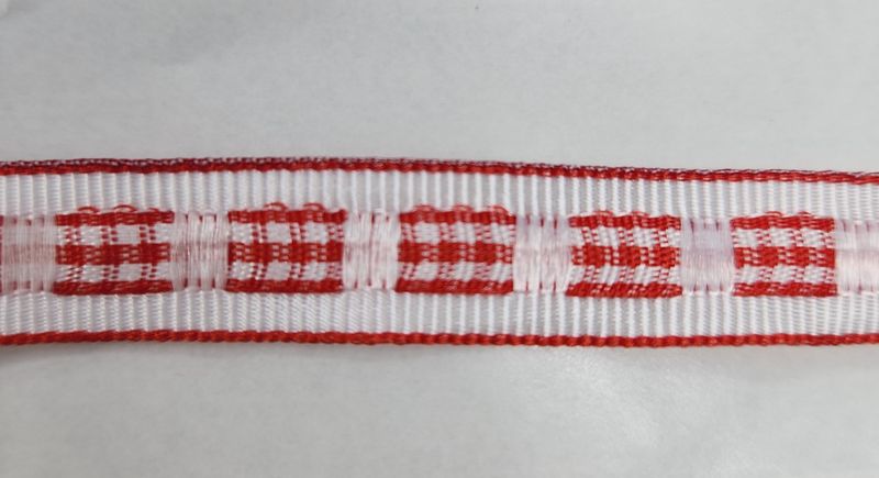 Red Plaid Woven into White Grosgrain Ribbon with Red Trim 12mm Width, Price per metre