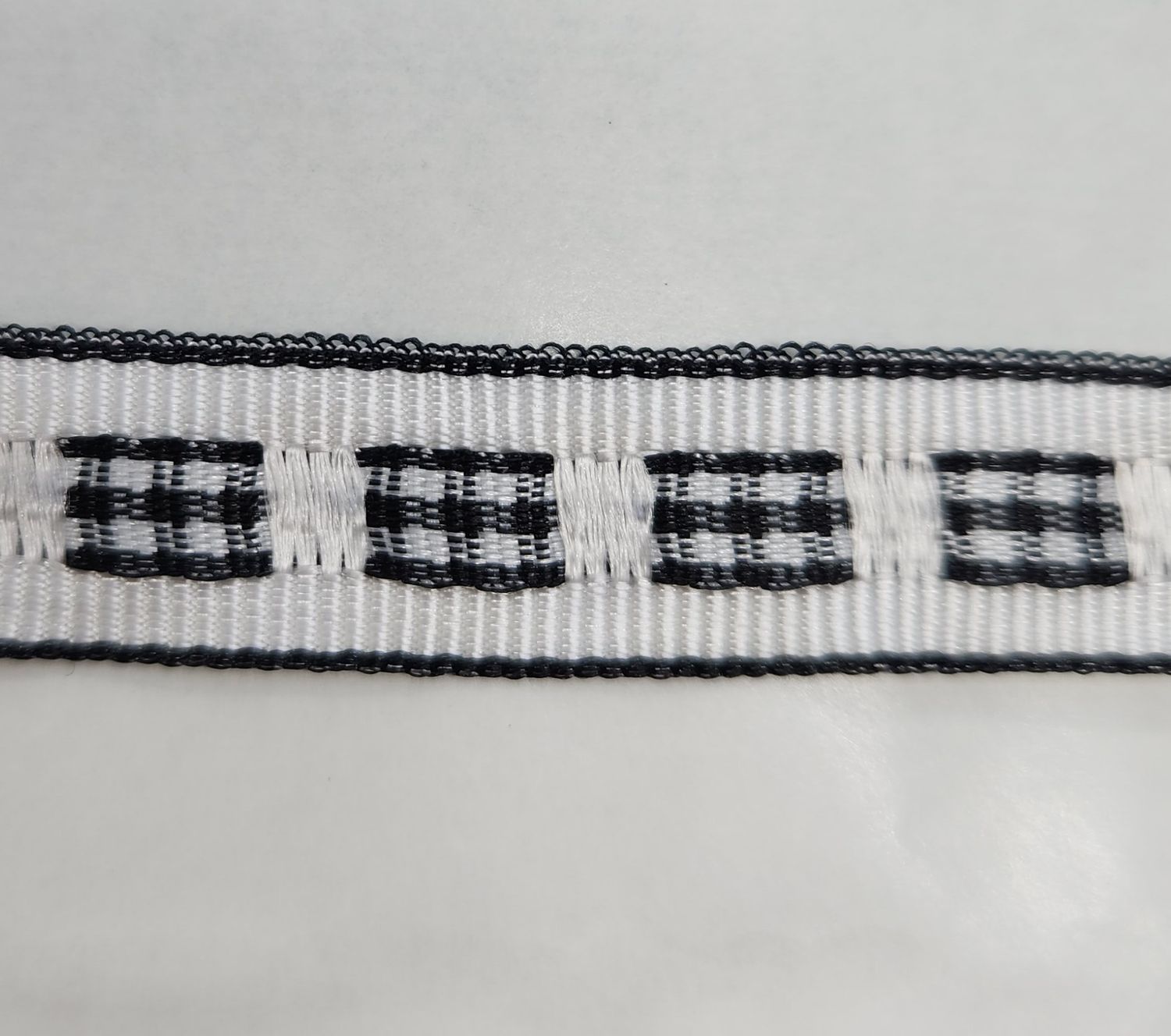 Black Plaid Woven into White Grosgrain Ribbon with Black Trim 12mm Width, Price per metre