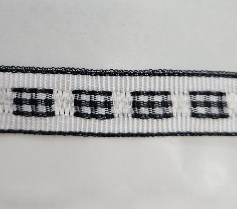 Black Plaid Woven into White Grosgrain Ribbon with Black Trim 12mm Width, Price per metre
