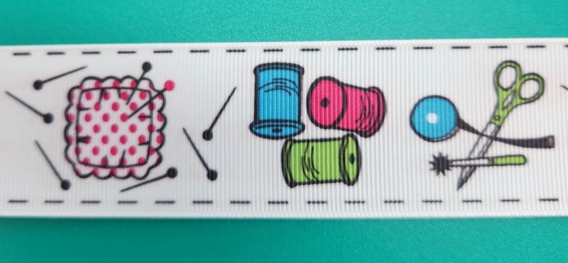 Sewing Theme on White Grosgrain Ribbon 38mm Width, Price per metre