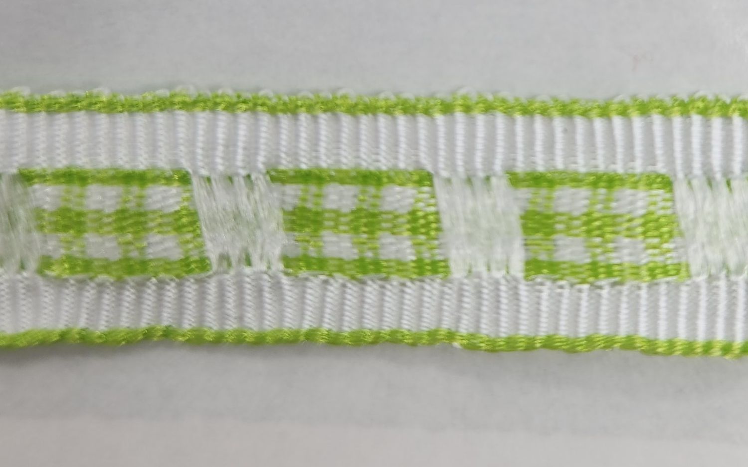 Green Plaid Woven into White Grosgrain Ribbon with Green Trim 12mm Width, Price per metre