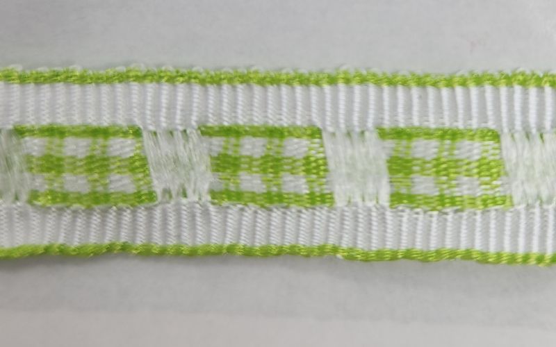 Green Plaid Woven into White Grosgrain Ribbon with Green Trim 12mm Width, Price per metre