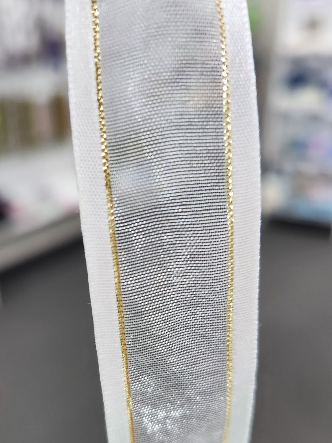 White Oraganza Ribbon with Satin and Gold Trim 22mm Width, Price per metre
