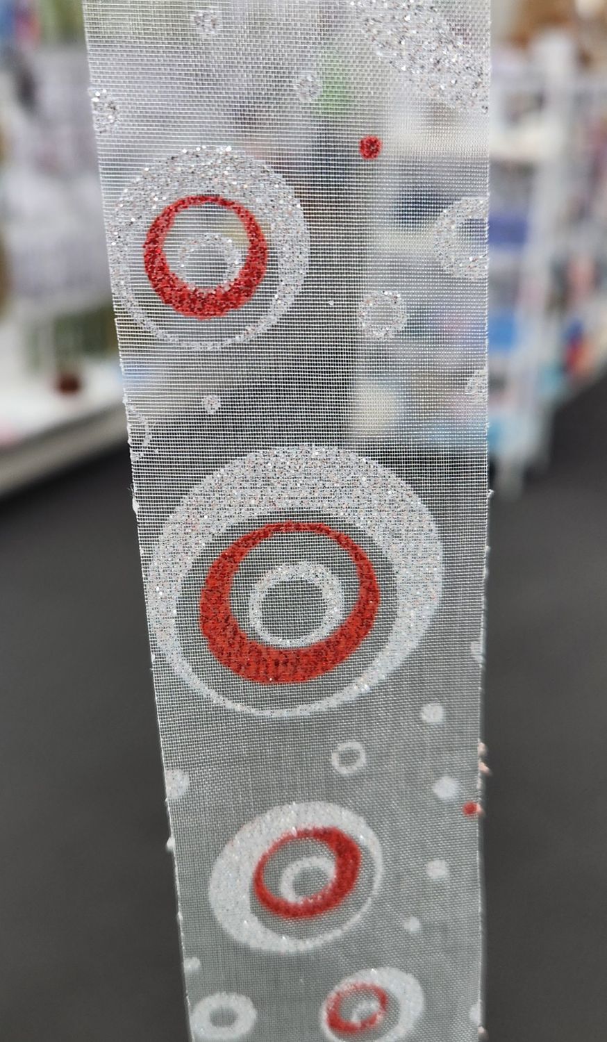 Red and Silver Glitter Circles on White Organza Ribbon 38mm Width, Price per metre