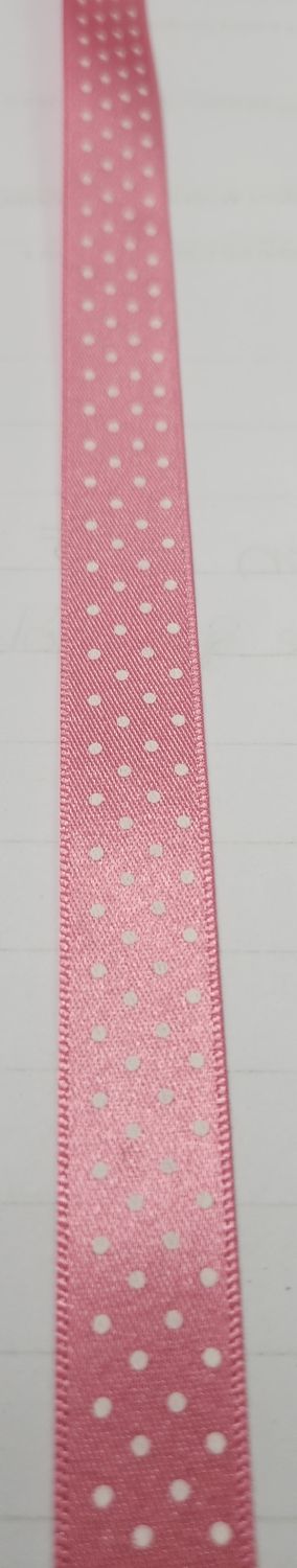 Hot Pink Double Faced Satin with Single Facing White Spots 15mm Width, Price per metre