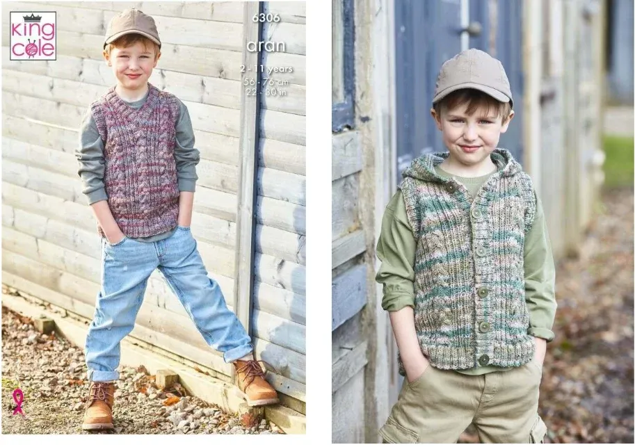 King Cole Aran 10ply Pattern 6306 - Childrens Vest 2-11 Yrs