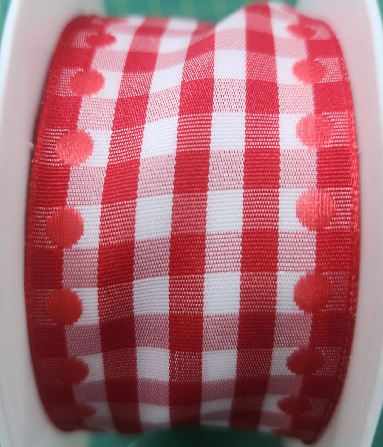 Red Checkered with Dots Wired Ribbon 38mm Width. Price per metre