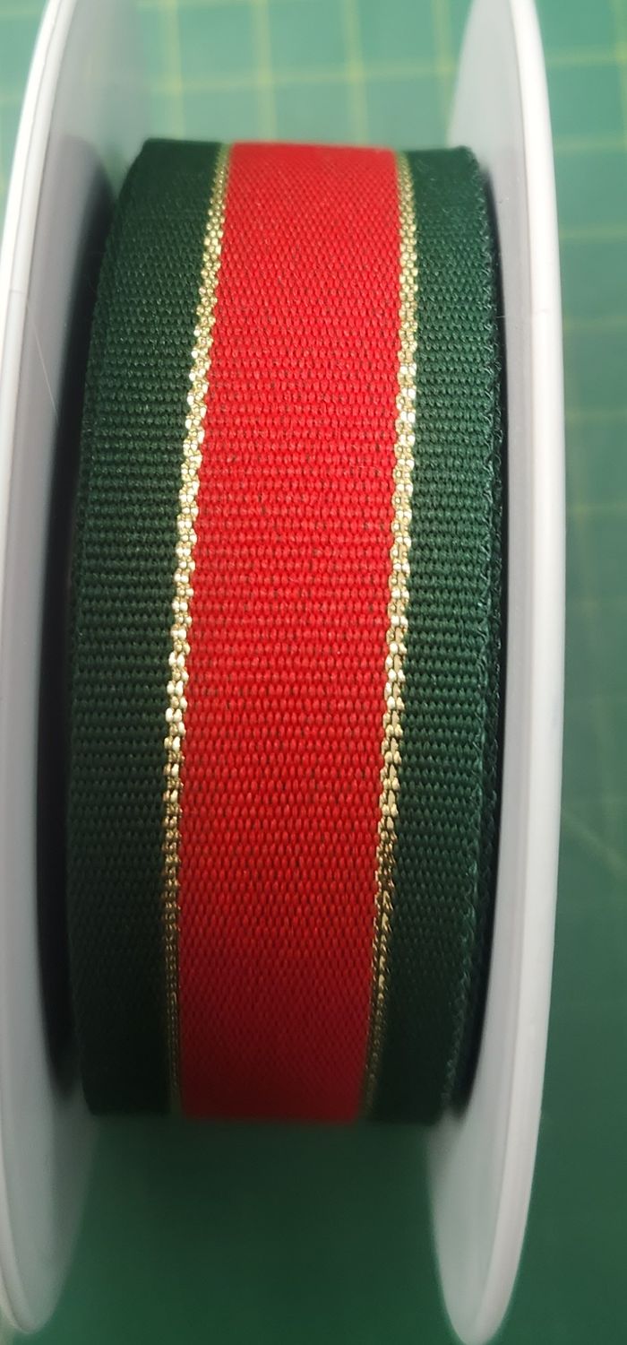 Christmas Ribbon - Gold, Green &amp; Red - 25mm Wide, Priced Per Metre