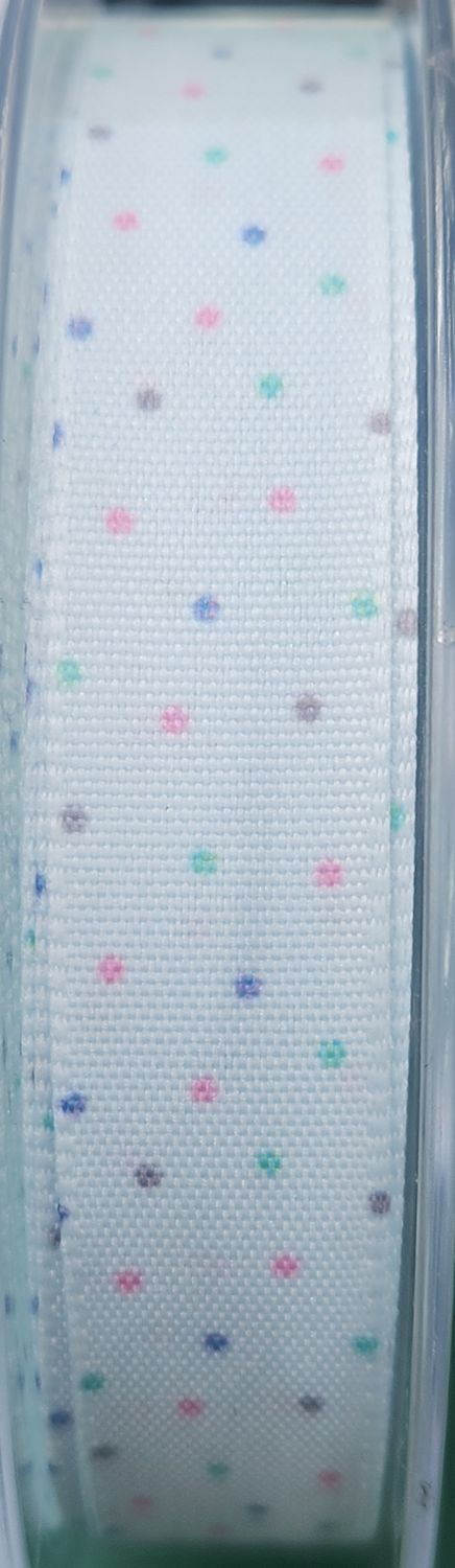 Blue Single Sided Spotted Ribbon 15mm Wide, Priced Per Metre