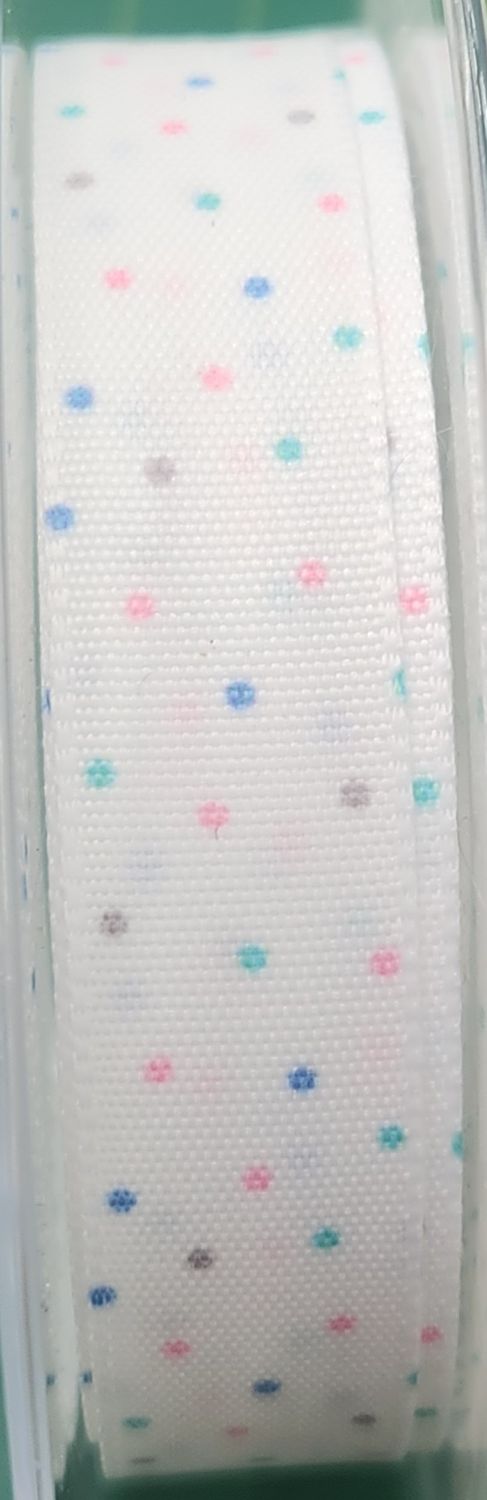 White Single Sided Spotted Ribbon 15mm Width, Price per metre