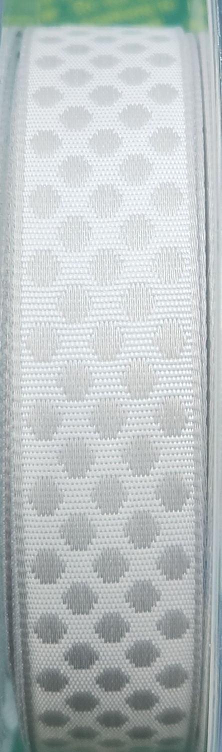 Silver on White Single Sided Spotted Ribbon 15mm Wide, Price Per Metre