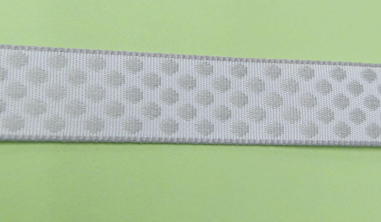 Reversed Silver on White Double Faced Spotted Ribbon 15mm Width, Price per metre