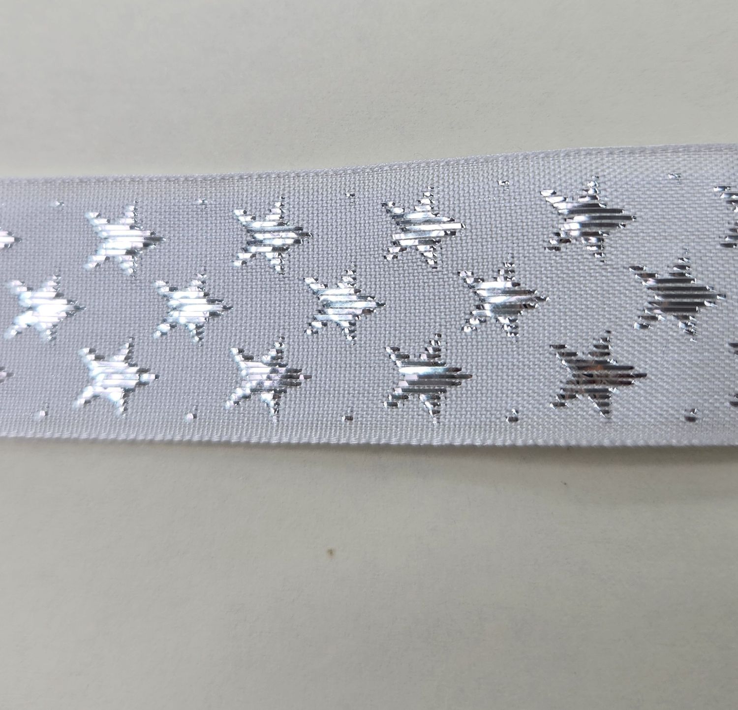 One Sided White Ribbon with Silver Stars 25mm Width, Price per metre