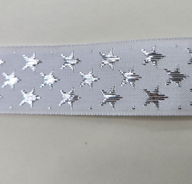 One Sided White Ribbon with Silver Stars 25mm Width, Price per metre