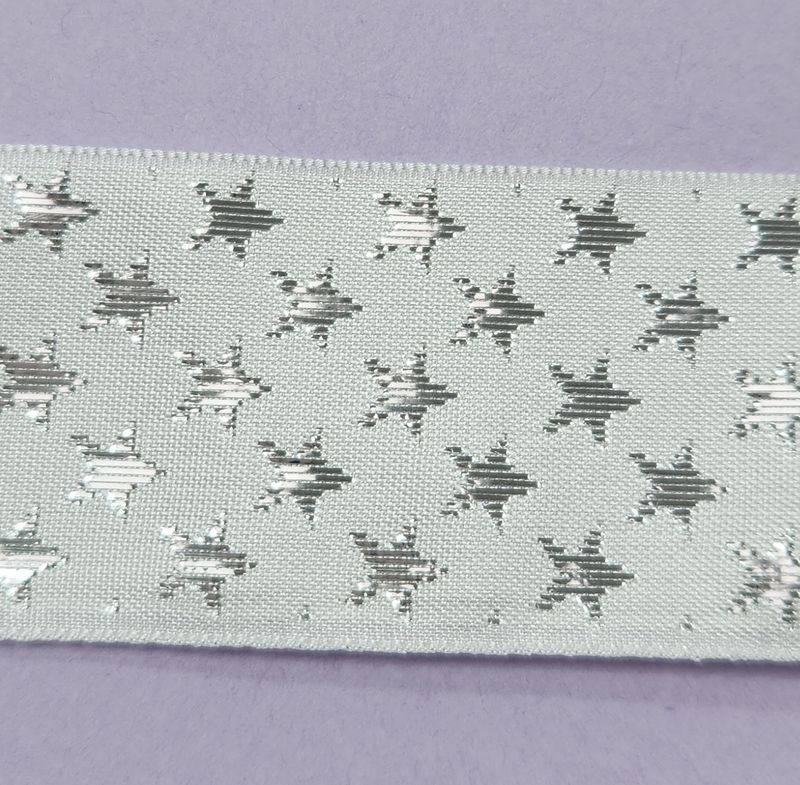 One Sided White Ribbon with Silver Stars 35mm Width, Price per metre