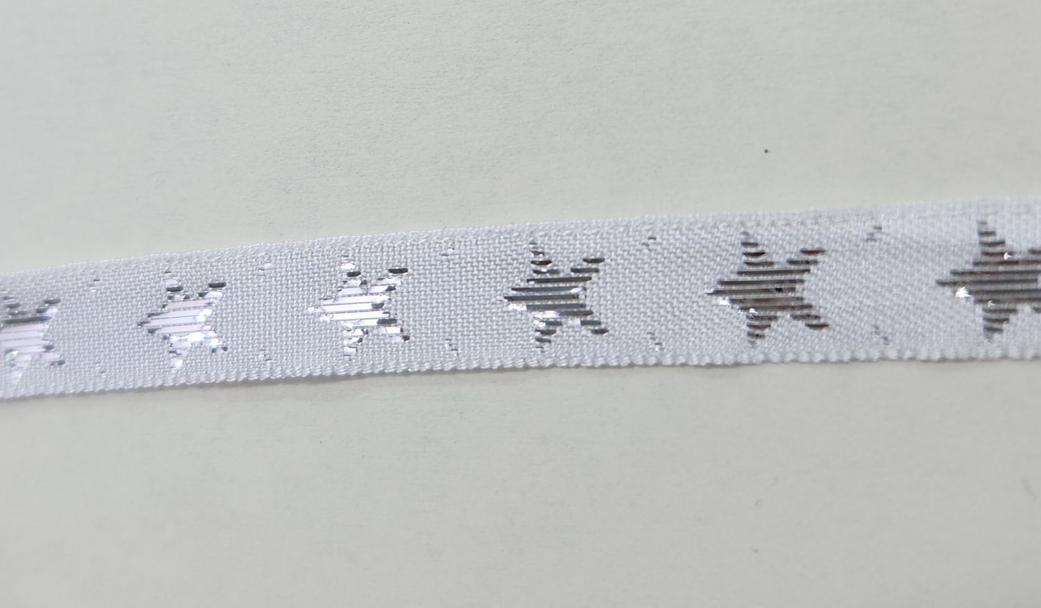 One Sided White Ribbon with Silver Stars 10mm Width, Price per metre