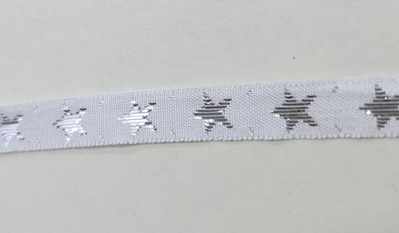 One Sided White Ribbon with Silver Stars 10mm Width, Price per metre