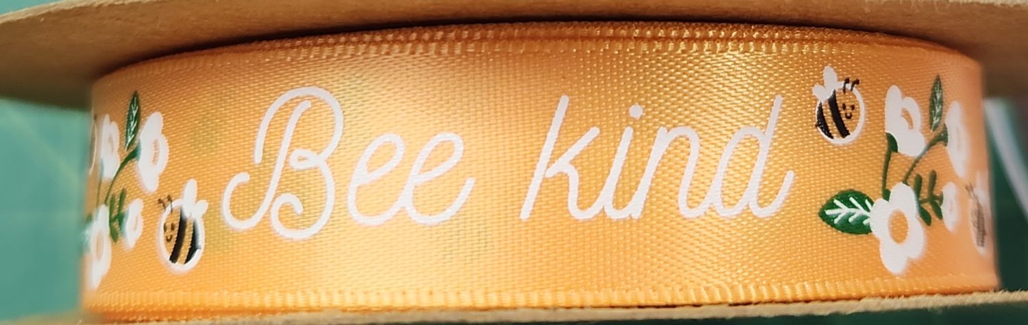 Bee Kind Single Faced Satin Ribbon 16mm Width, Priced Per Metre