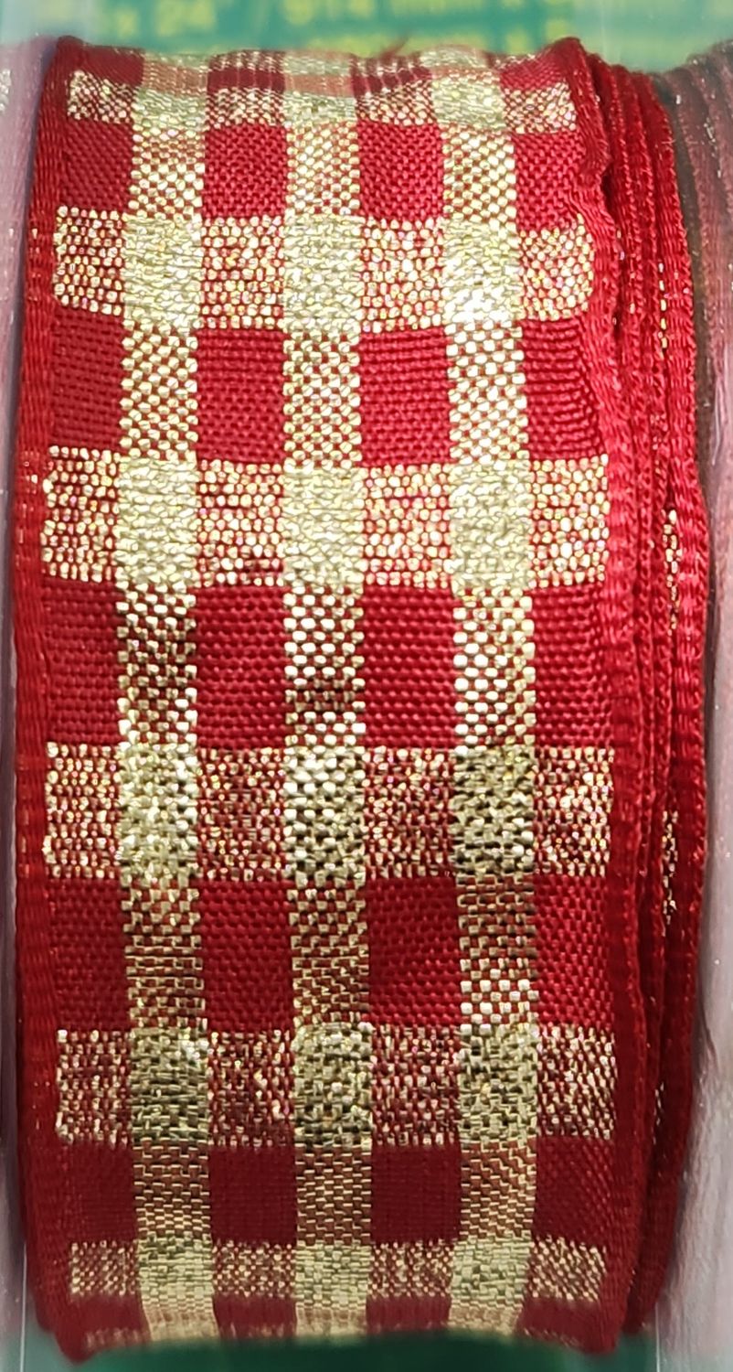 Red &amp; Gold Checkered Ribbon 25mm Wide, Priced Per Metre