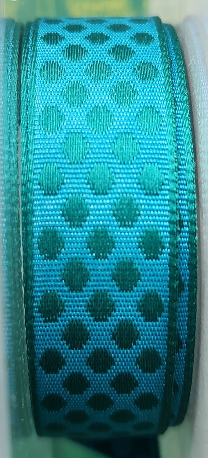 Teal &amp; Green Singled Sided Spotted Ribbon 15mm Wide, Priced per Metre