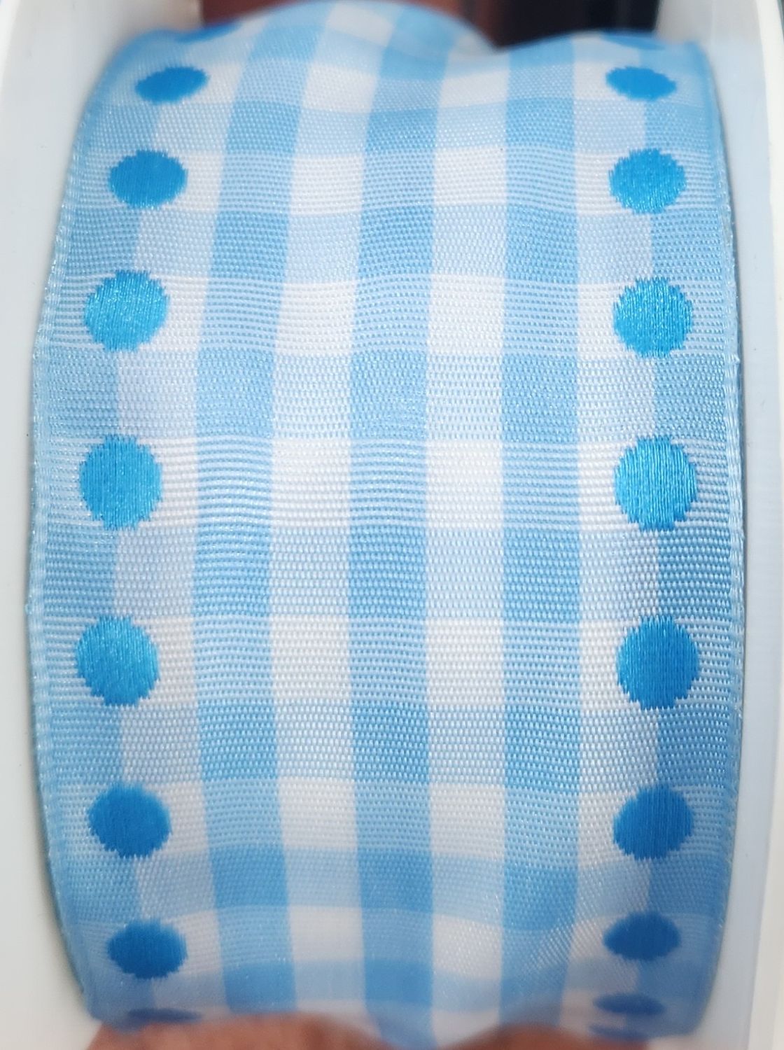 Blue and White Checkered Ribbon 38mm Wide, Priced Per Metre