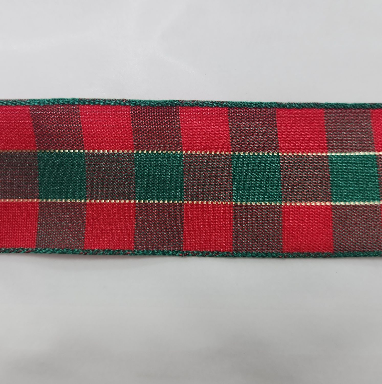 Red and Green Squares with Gold Detail Ribbon 25mm Width, Price per metre