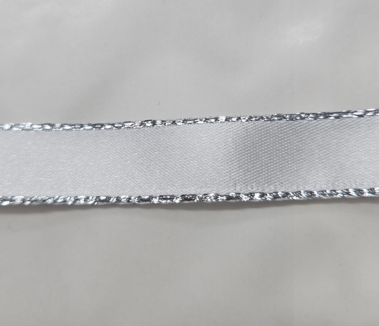 White with Silver Trim Double Faced Satin Ribbon 15mm Width, Price per metre
