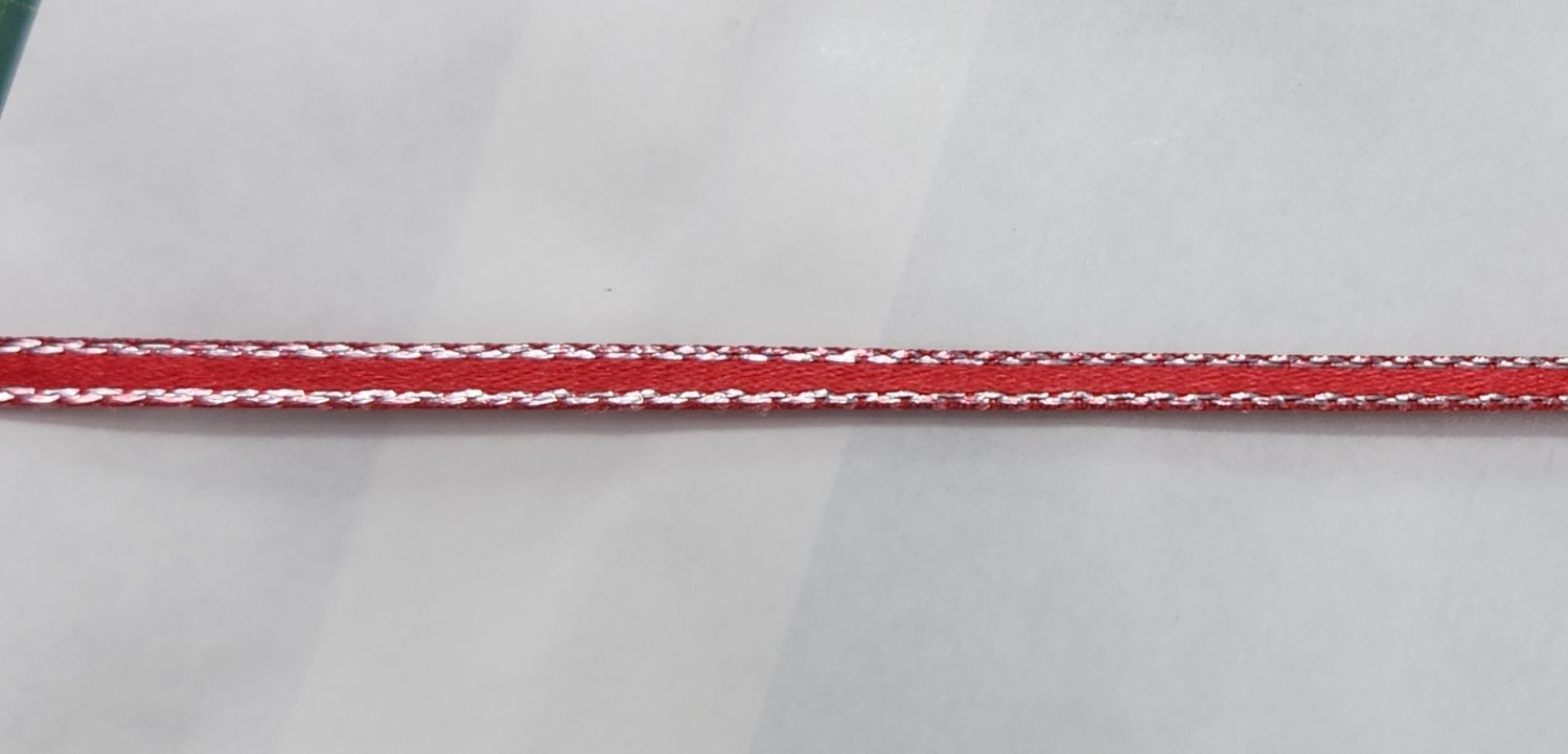Red with Silver Stitch Edges Double Faced Satin Ribbon 3mm Width, Price per metre