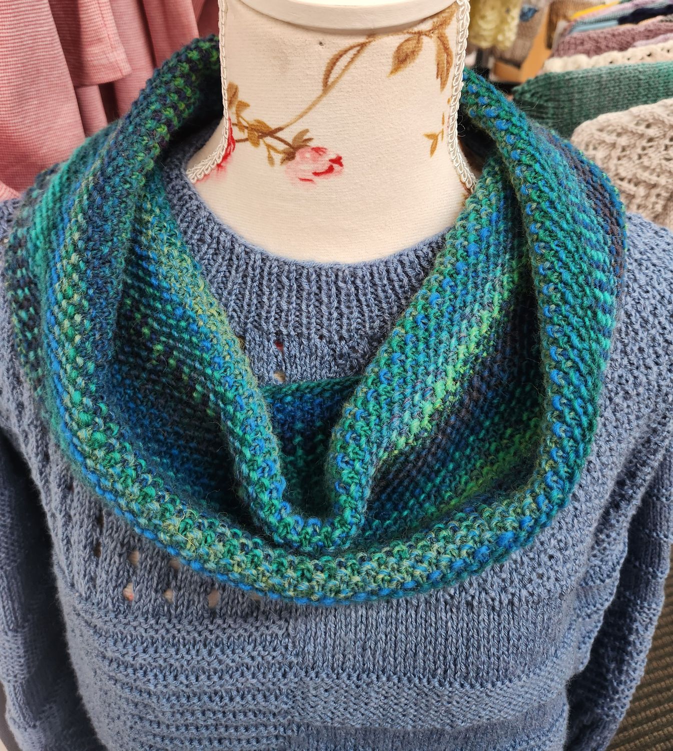 Linen-Stitch Cowl Blue Multi Merino Blend