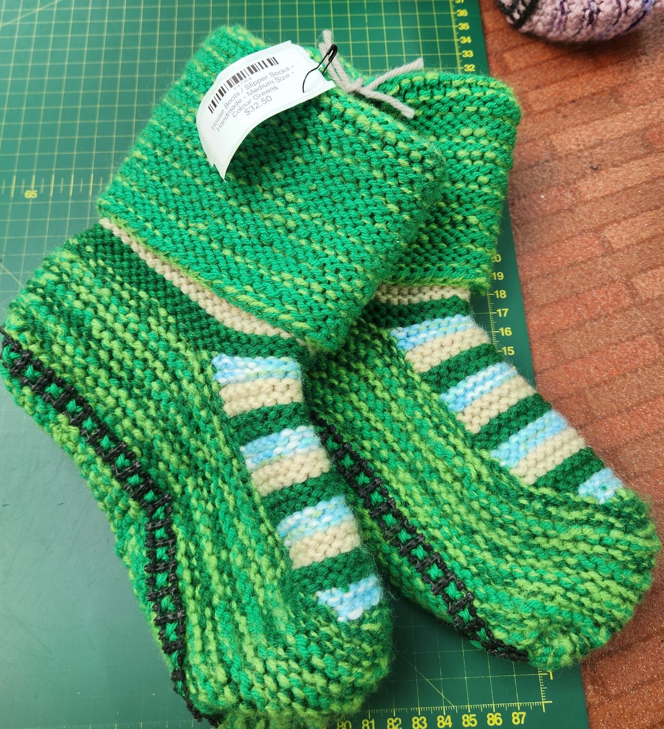House Boots / Slipper Socks - Handmade - Medium Size - Colour Greens