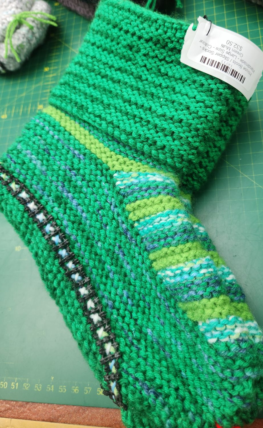 House Boots / Slipper Socks - Handmade - Large Size - Colour Green Multi