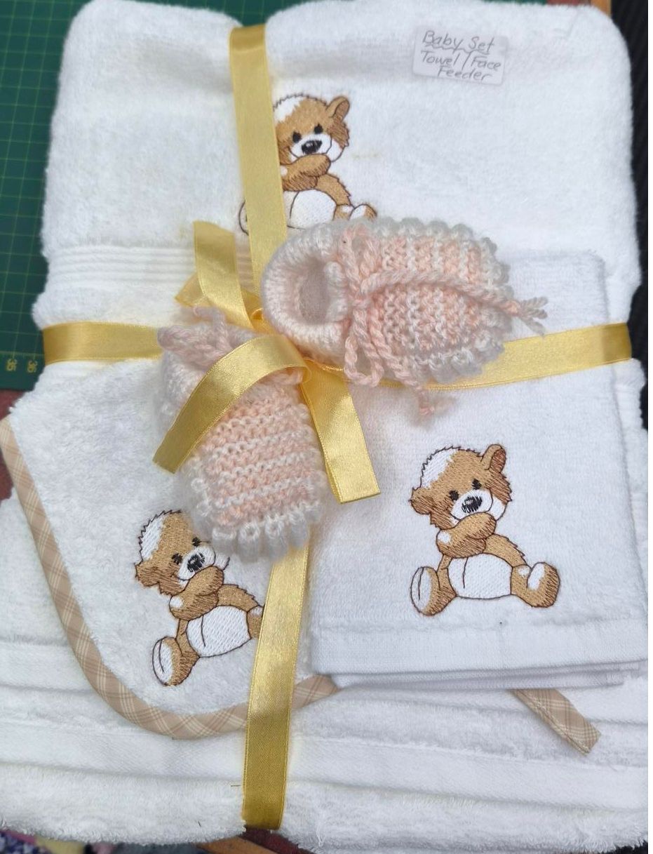 Baby Gift Set - Embroidered Towel, Face Cloth &amp; Feeder