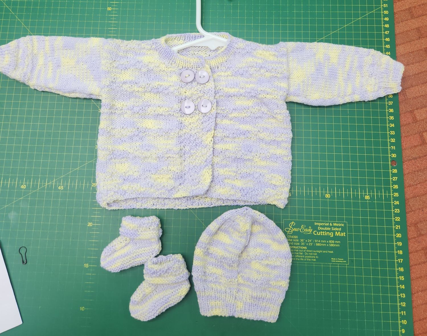 Merino 4ply Jacket, Hat &amp; Bootees Set - Newborn to 3 Months Lilac &amp; Lemon