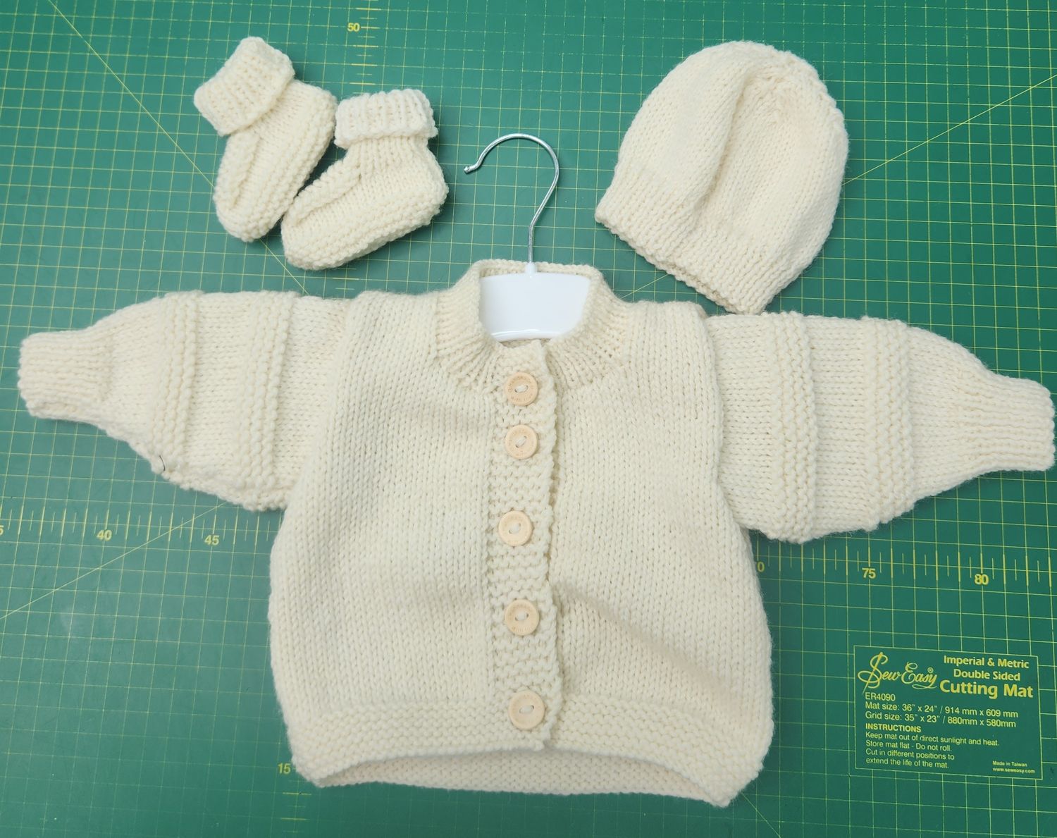 Cardigan, Hat &amp; Bootees - 8ply Merino - Newborn to 3 Months - Cream