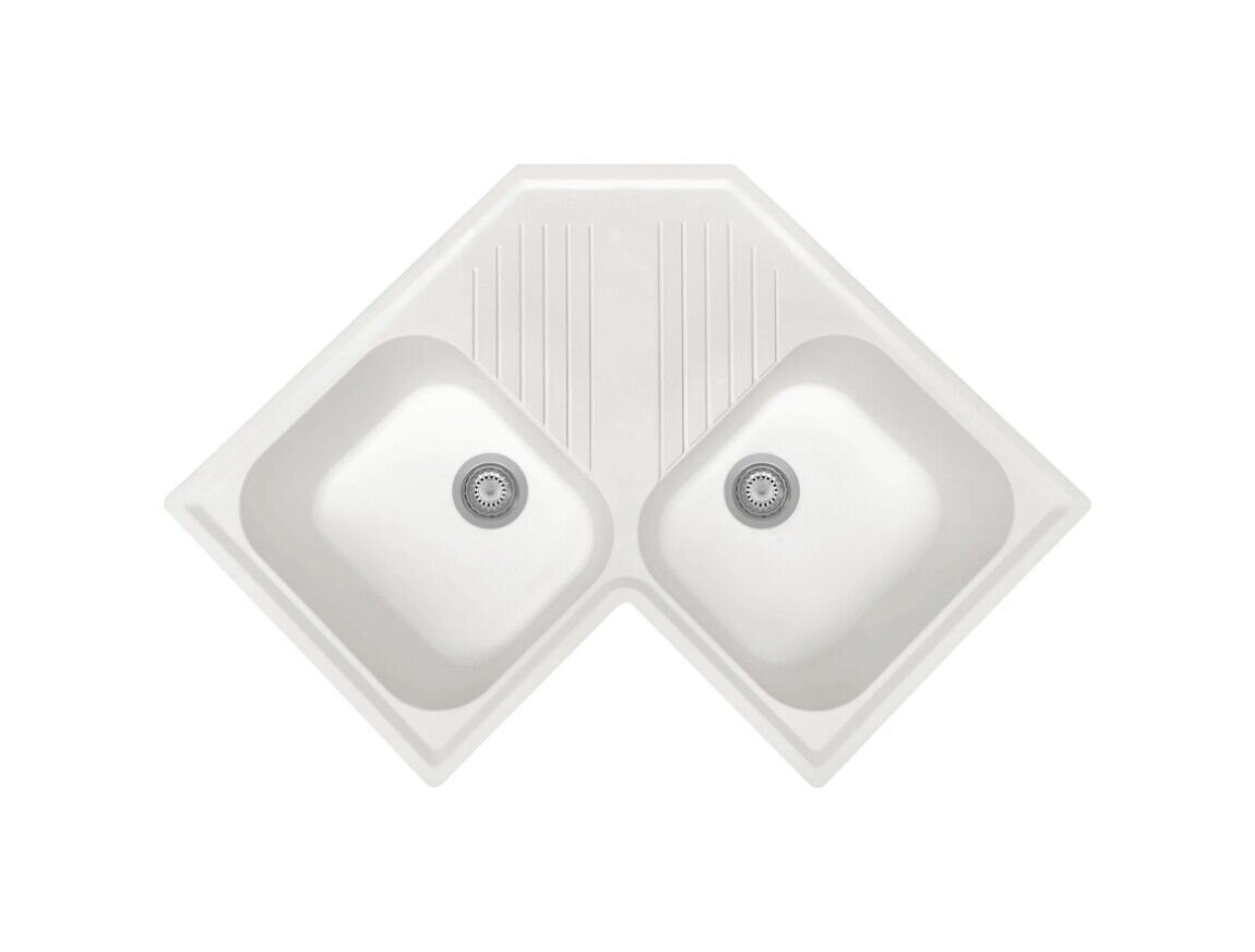 Plados Telma FTA8320 UG 58 - MICROULTRAGRANIT Atlantic Lavello ad angolo 2 vasche + gocciolatoio cm. 83x50 - bianco latte