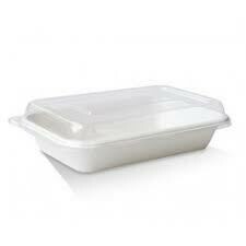 Meal Tray Sugar Cane Rectangular White &amp; PET clear Lid 500ml (Qty25)