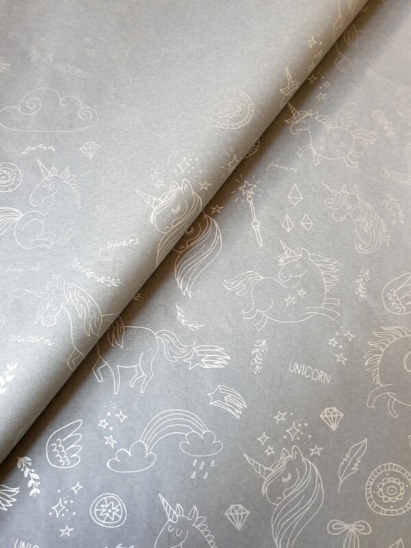 Tissue Paper - Unicorns - Silver On Grey - (Qty 5)