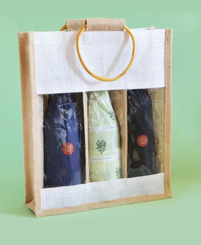 Hessian 3 Wine Bottle Bag Window 36 x 30 x 10cm (ea)