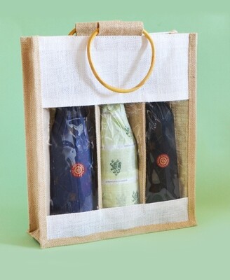Hessian 3 Wine Bottle Bag Window 36 x 30 x 10cm (ea)