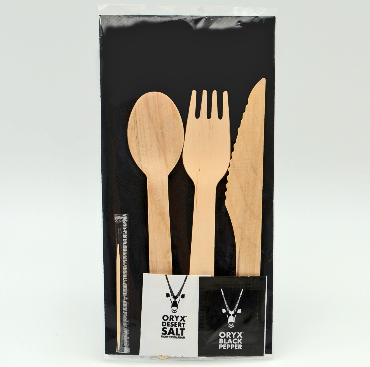 Wrapped Cutlery Set: Wood K/F/S + W/tpick + S&P + B/Nap (10)