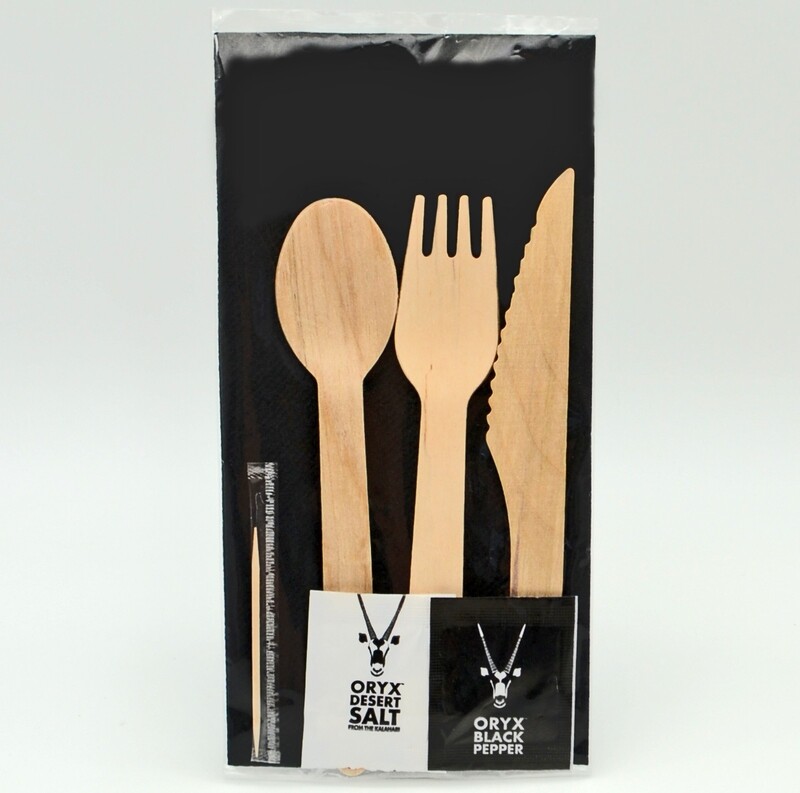 Wrapped Cutlery Set: Wood K/F/S + W/tpick + S&amp;P + B/Nap (10)