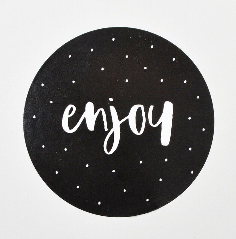 Stickers "Enjoy" 45mm Round - White on Black (Qty 100)