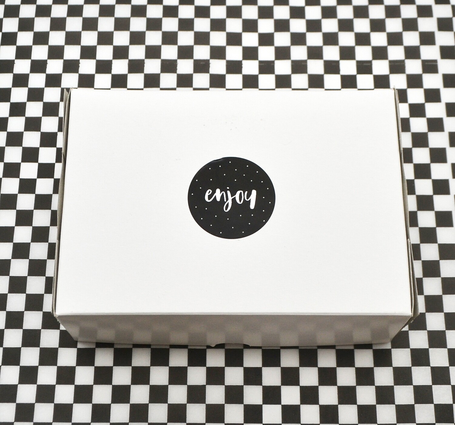 Stickers &quot;Enjoy&quot; 45mm Round - White on Black (Qty 100)