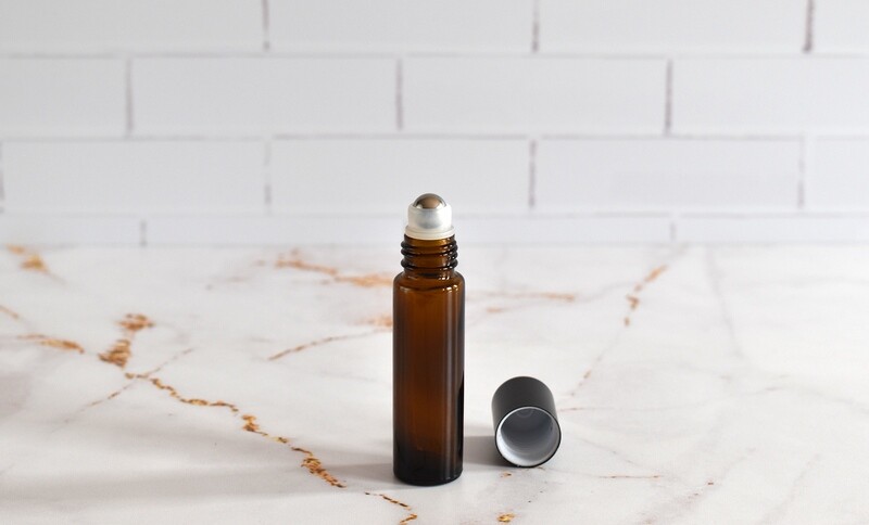 Aluminium Roller, Glass Bottle Amber 10 ml + Black Cap (ea)