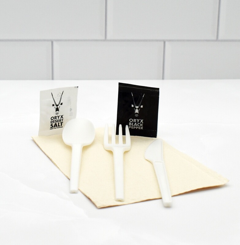 Wrapped Cutlery Set: Compostable K/F/S + W/tpick + S&amp;P + B/Nap (10)